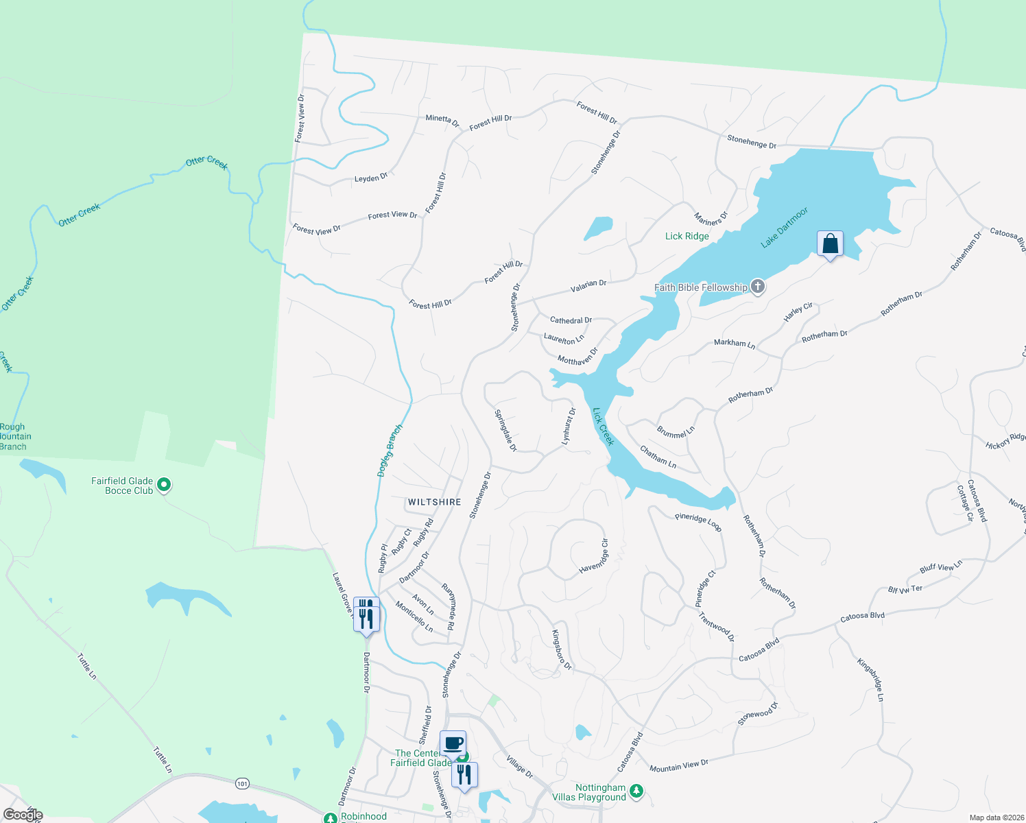 map of restaurants, bars, coffee shops, grocery stores, and more near 17 Ridgecrest Circle in Crossville