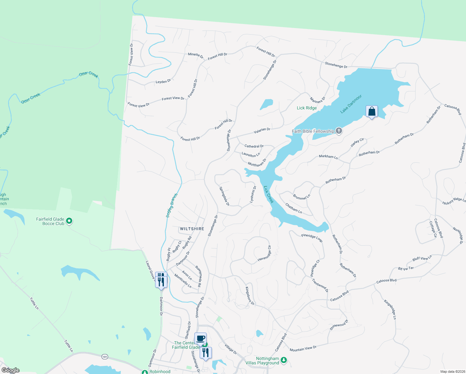 map of restaurants, bars, coffee shops, grocery stores, and more near 17 Ridgecrest Circle in Crossville