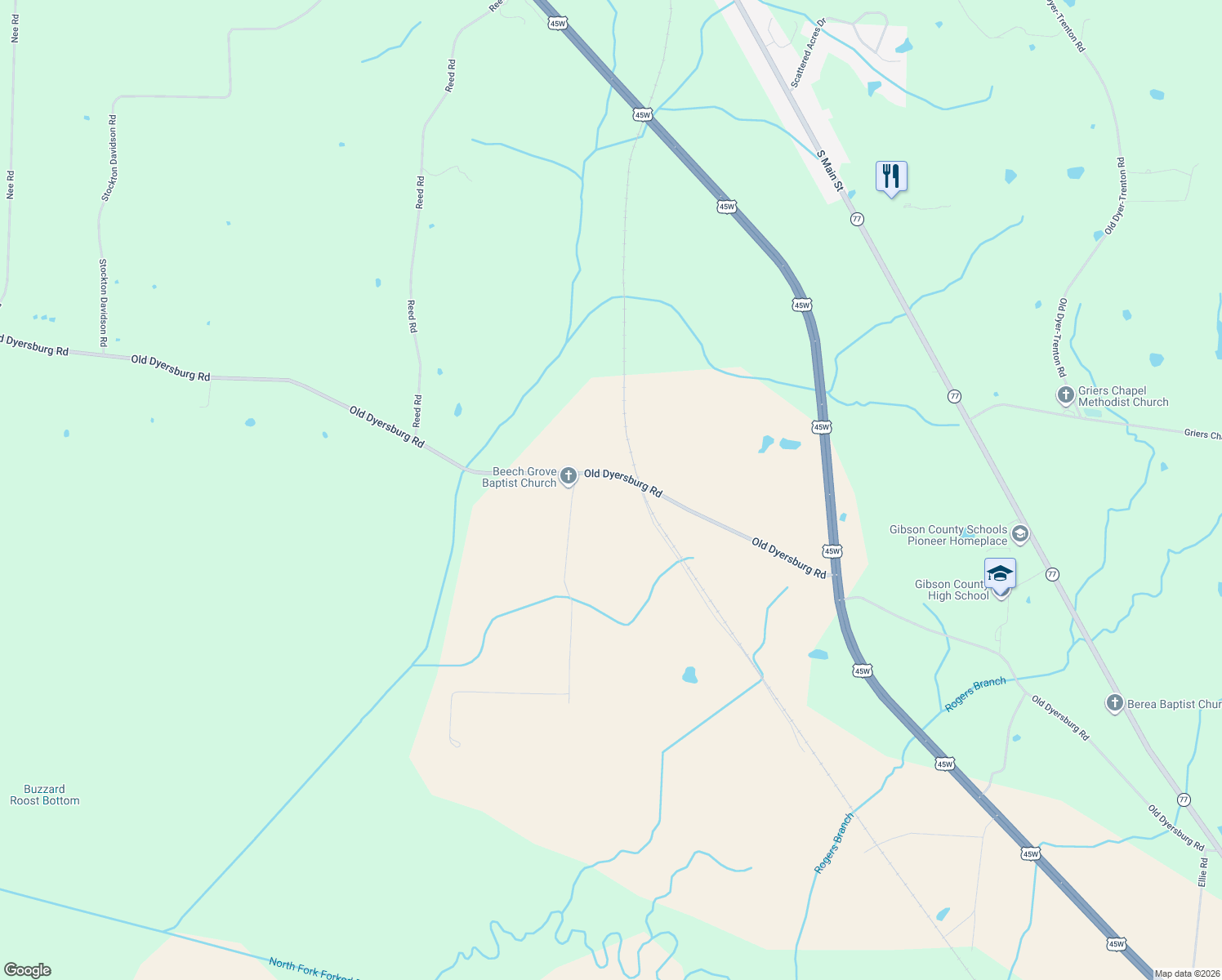 map of restaurants, bars, coffee shops, grocery stores, and more near 225 Old Dyersburg Road in Dyer