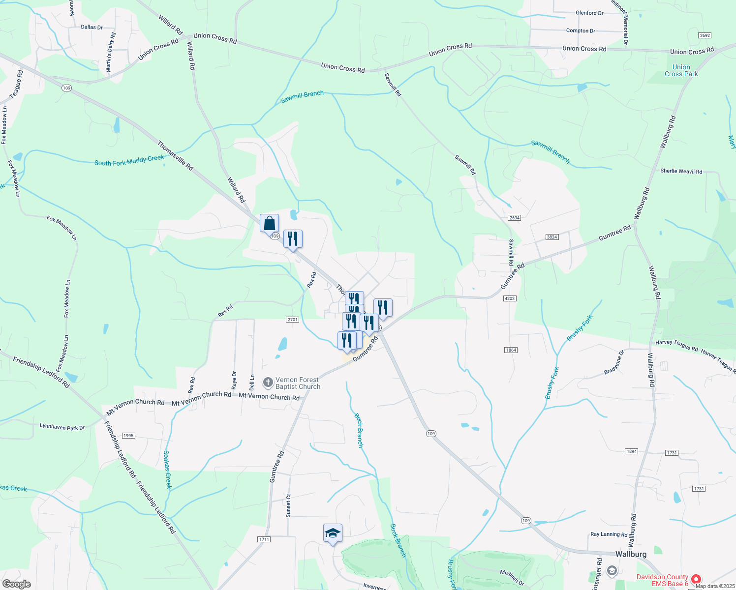 map of restaurants, bars, coffee shops, grocery stores, and more near 4735 Merriweather Road in Winston-Salem