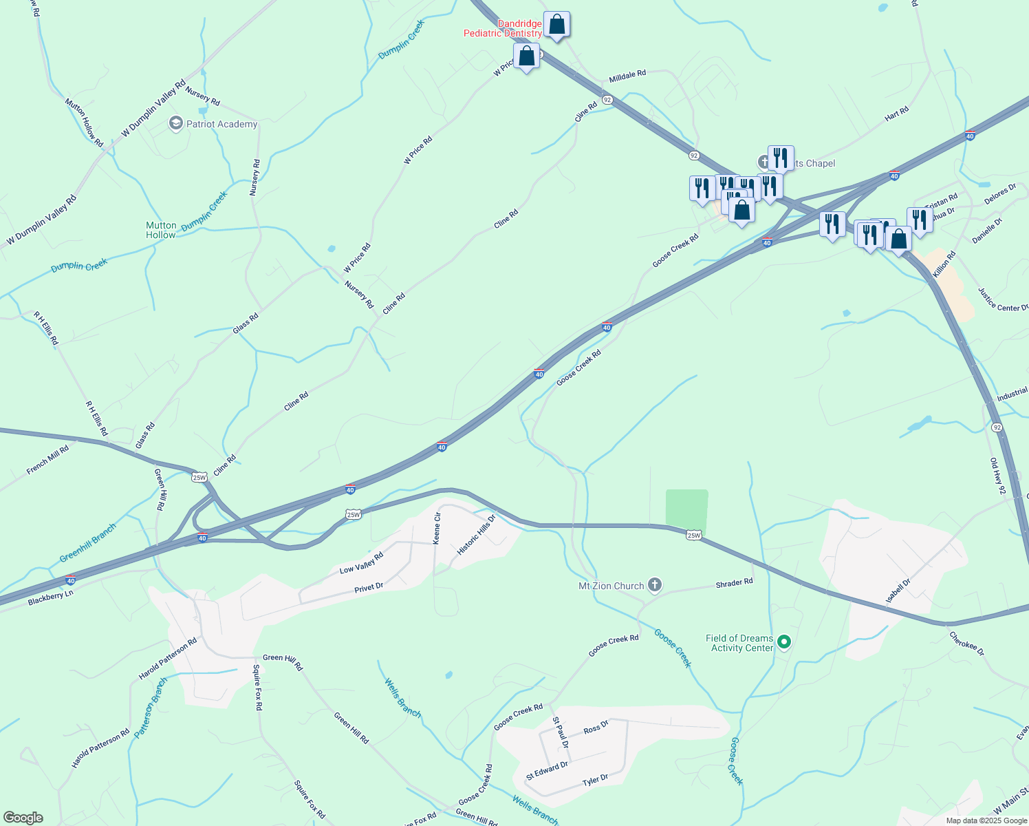map of restaurants, bars, coffee shops, grocery stores, and more near 441 Goose Creek Road in Dandridge