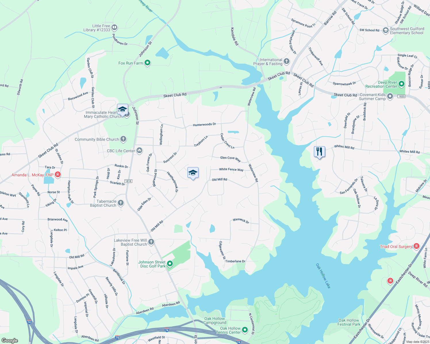 map of restaurants, bars, coffee shops, grocery stores, and more near 2502 White Fence Way in High Point