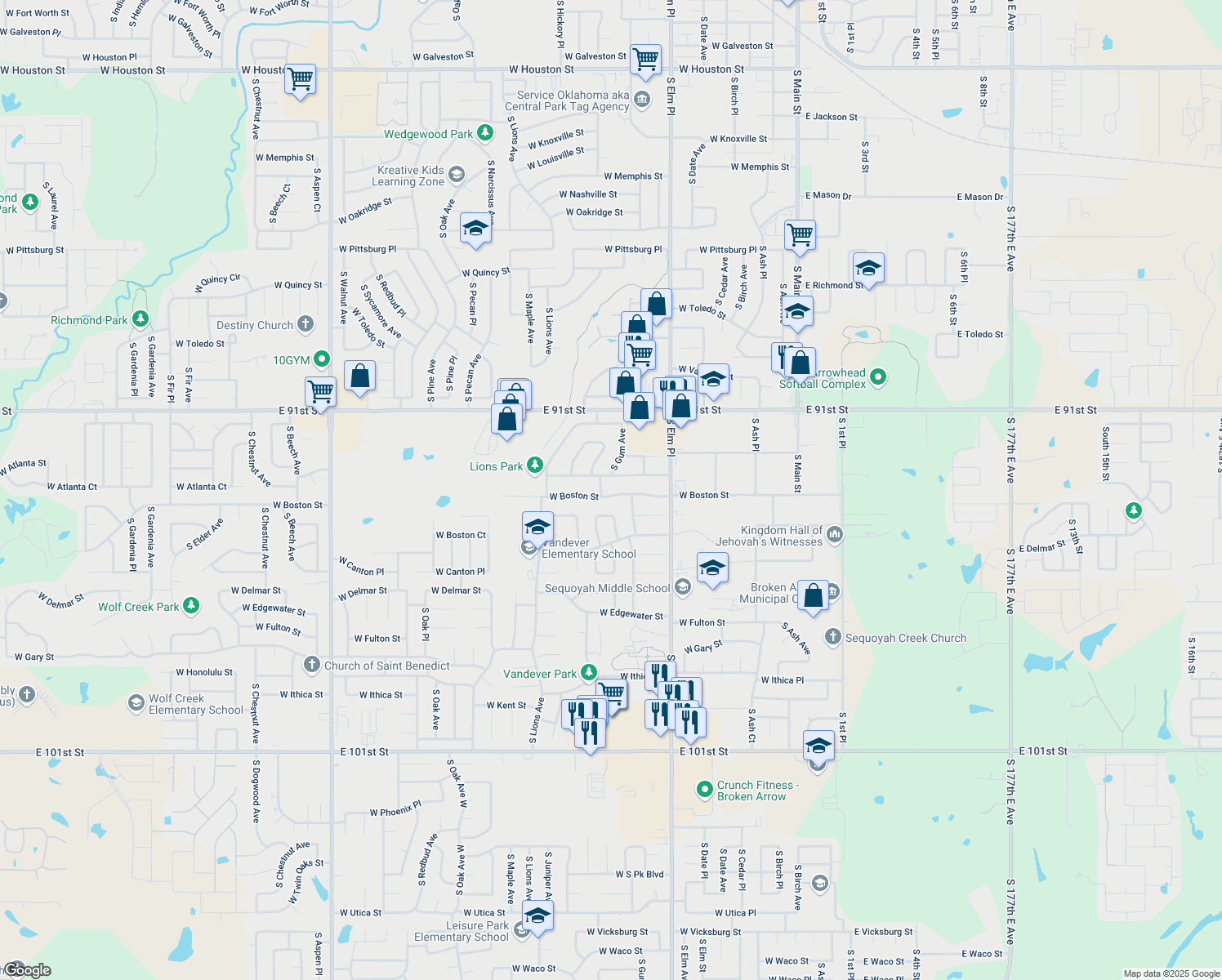 map of restaurants, bars, coffee shops, grocery stores, and more near 820 W Boston St in Broken Arrow