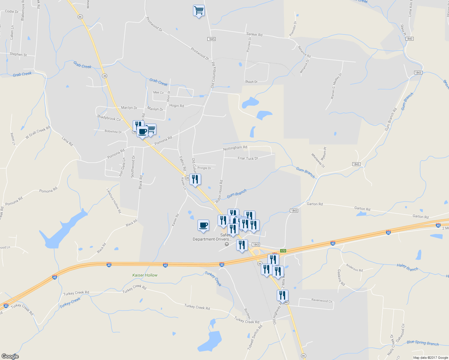 map of restaurants, bars, coffee shops, grocery stores, and more near 116 Robin Hood Road in Dickson
