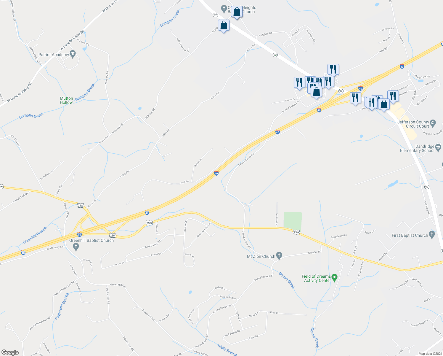 map of restaurants, bars, coffee shops, grocery stores, and more near 441 Goose Creek Road in Dandridge