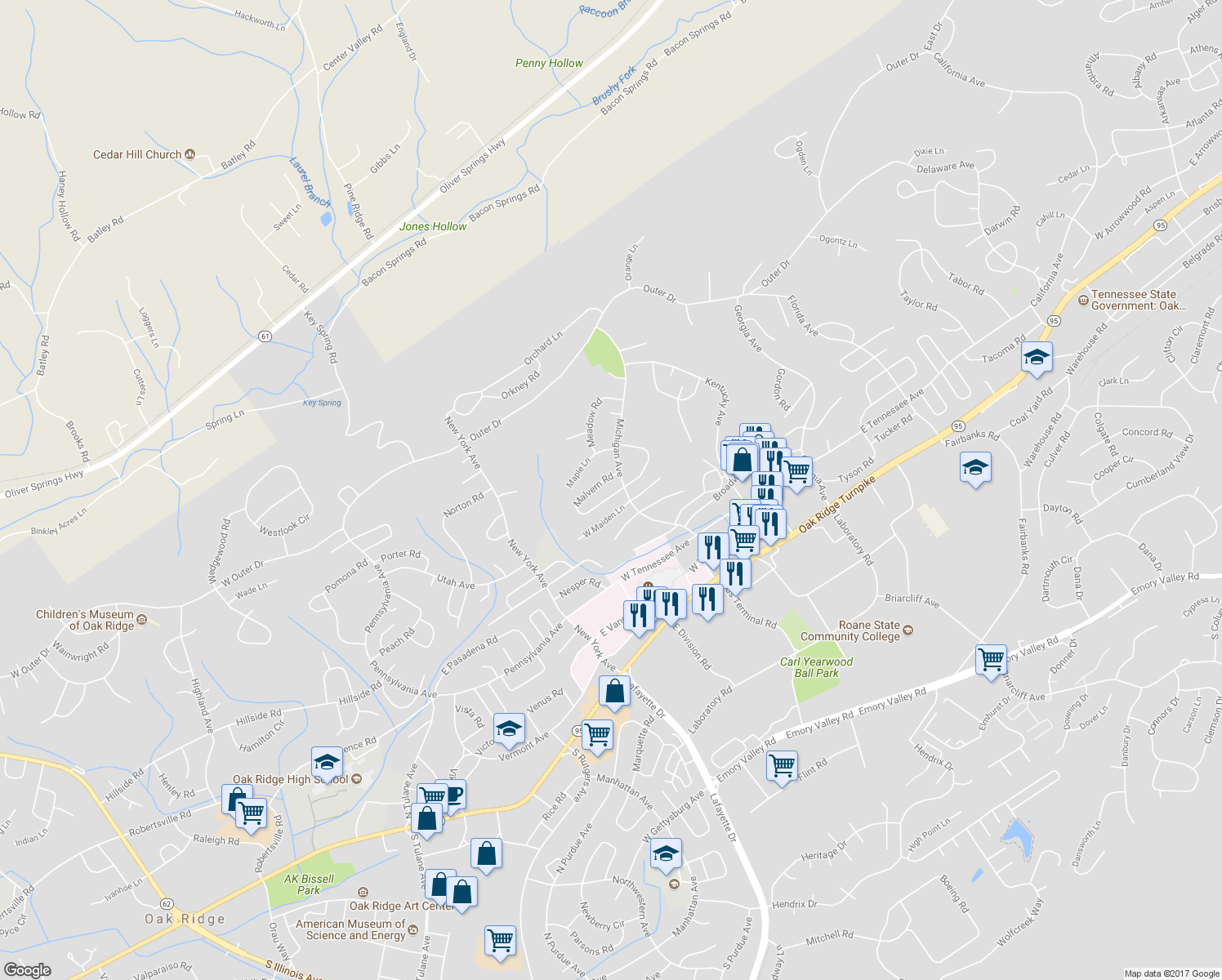 map of restaurants, bars, coffee shops, grocery stores, and more near 104 West Malta Road in Oak Ridge