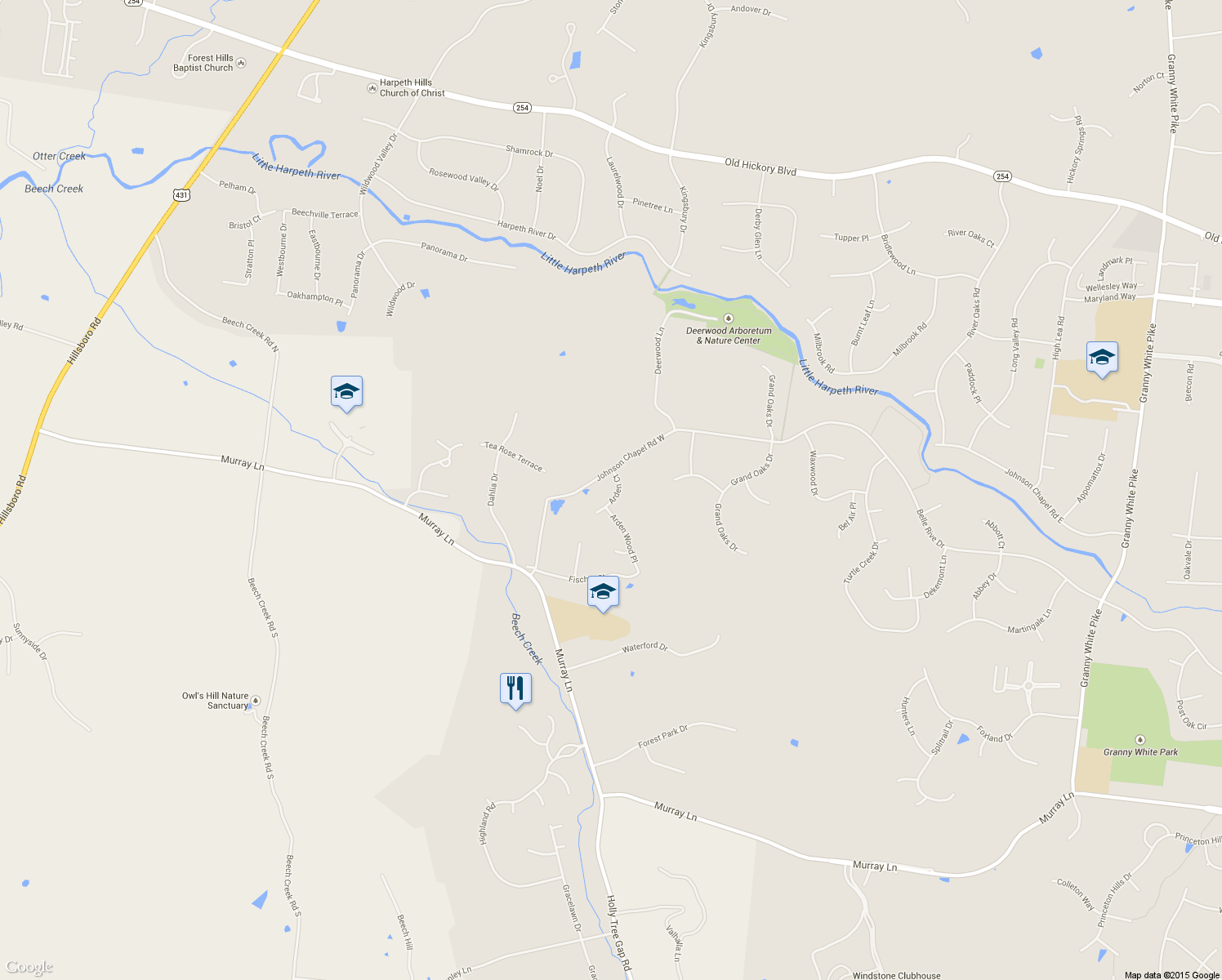 map of restaurants, bars, coffee shops, grocery stores, and more near 6412 Arden Court in Brentwood