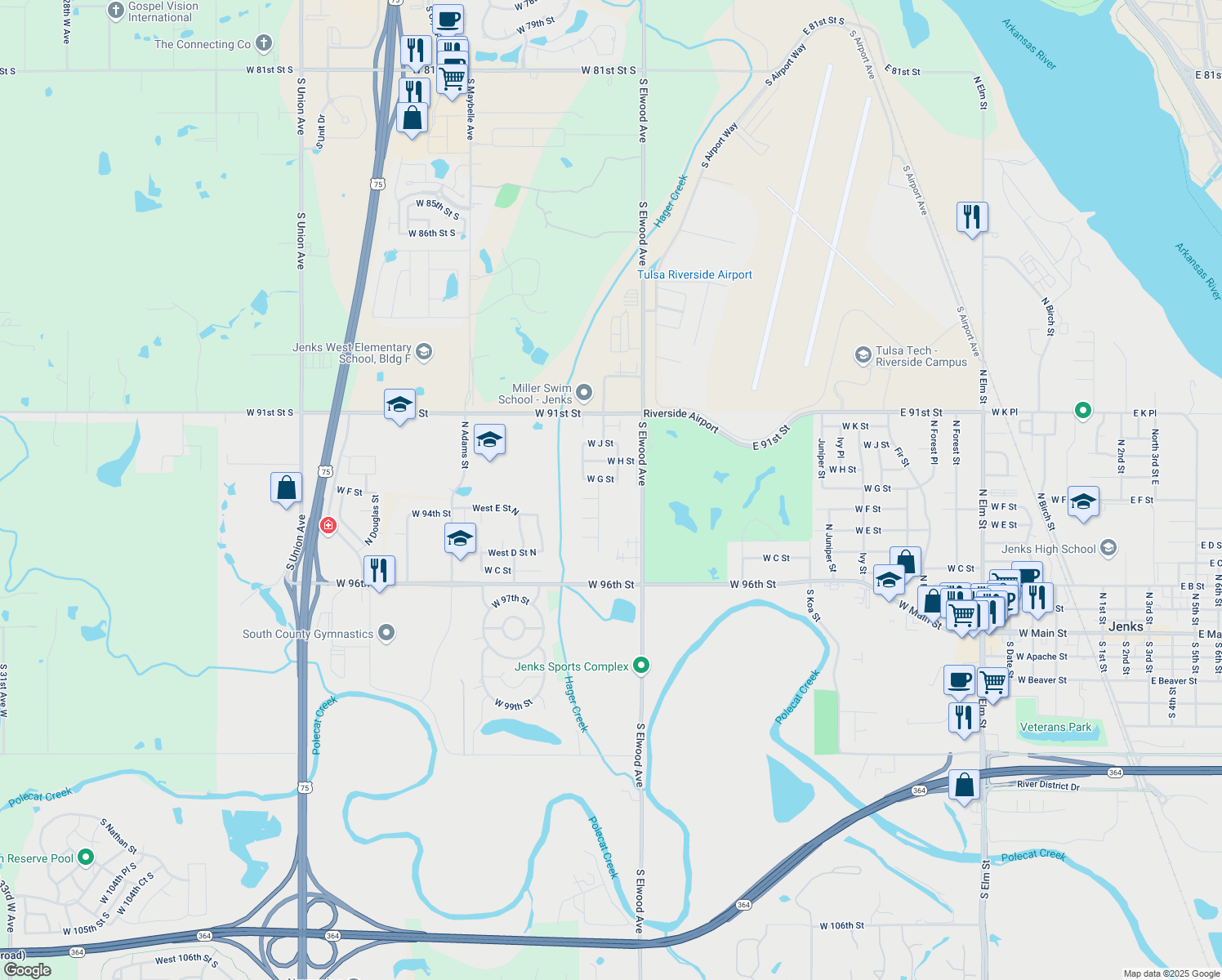 map of restaurants, bars, coffee shops, grocery stores, and more near 708 N Redbud St in Jenks