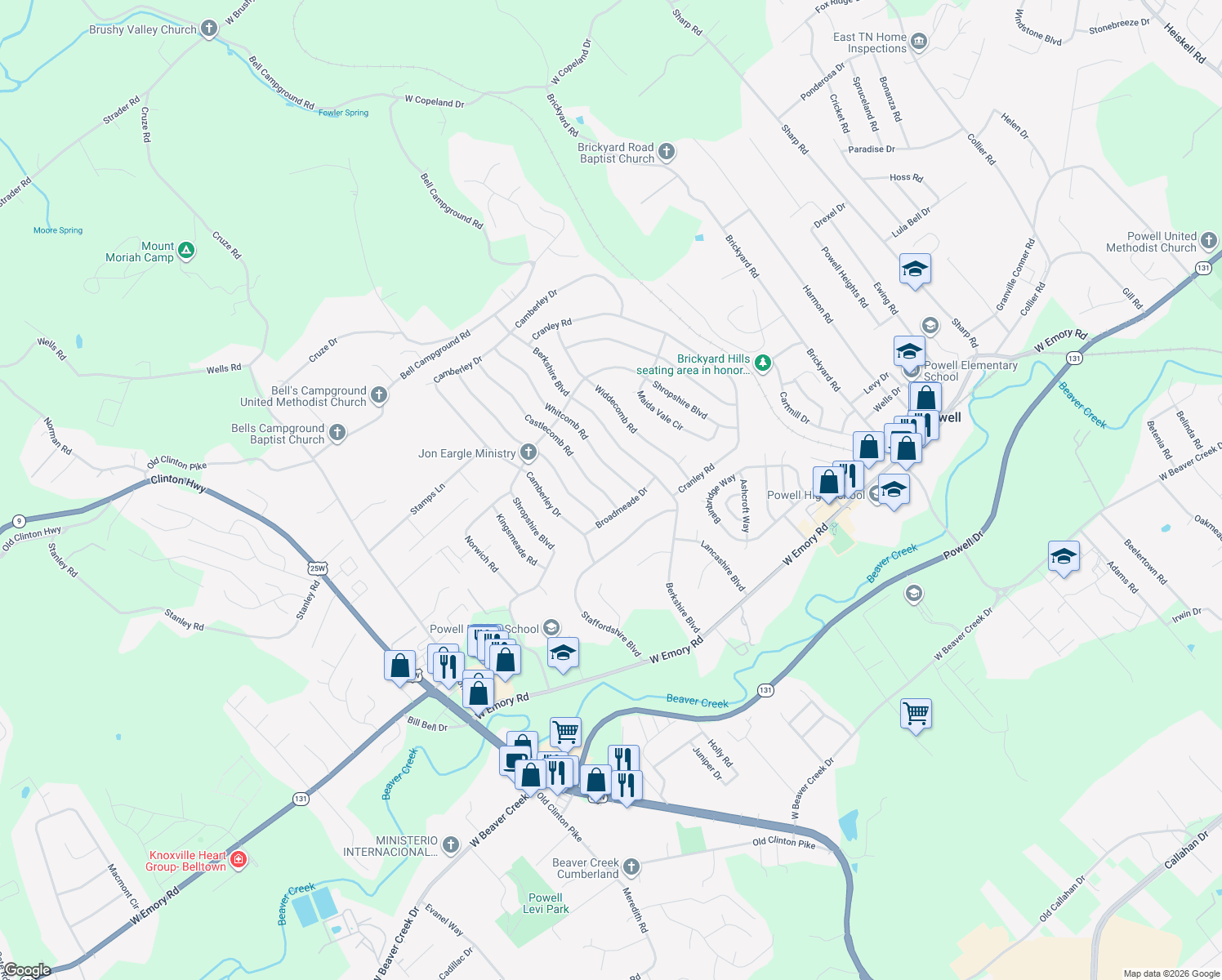 map of restaurants, bars, coffee shops, grocery stores, and more near 7708 Castlecomb Road in Powell