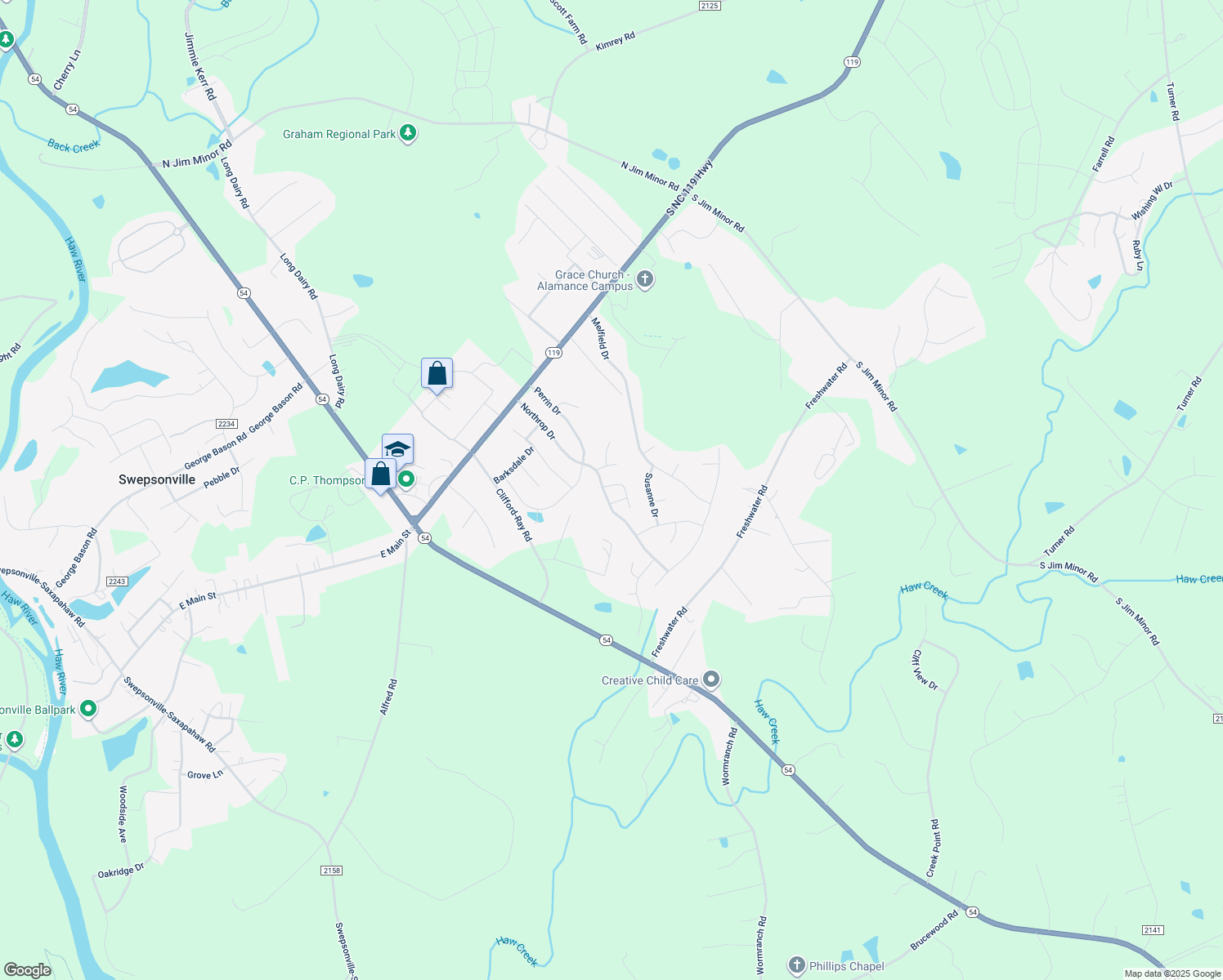 map of restaurants, bars, coffee shops, grocery stores, and more near 623 Breckinridge Drive in Haw River