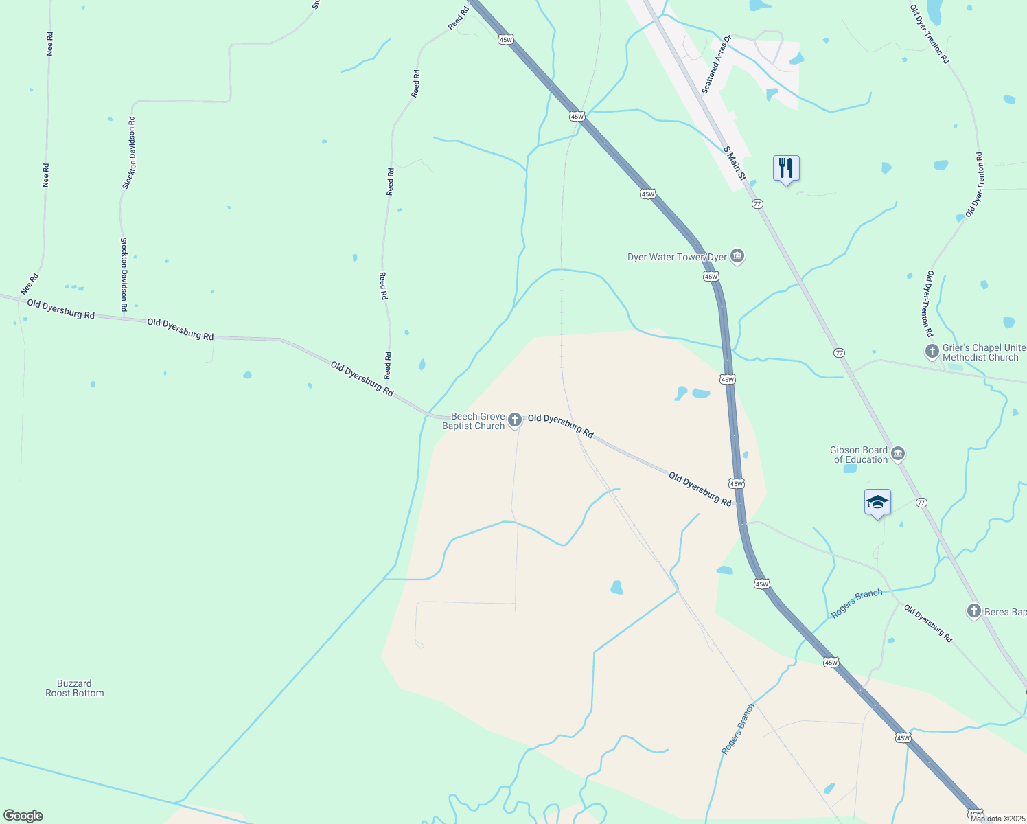 map of restaurants, bars, coffee shops, grocery stores, and more near 238 Old Dyersburg Rd in Dyer