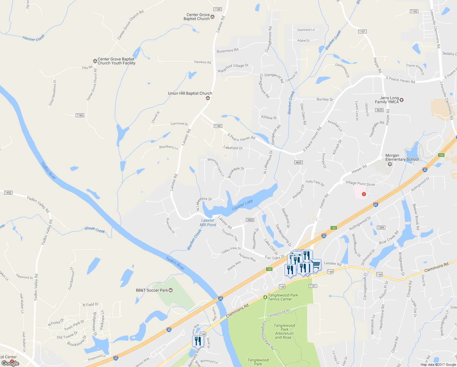 map of restaurants, bars, coffee shops, grocery stores, and more near 3638 North Lakeshore Drive in Clemmons