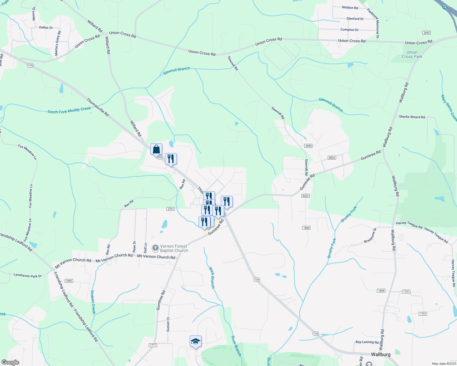 map of restaurants, bars, coffee shops, grocery stores, and more near 4700 Merriweather Road in Winston-Salem