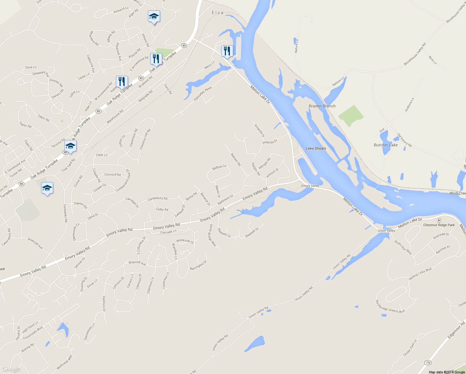 map of restaurants, bars, coffee shops, grocery stores, and more near 108 Baker Lane in Oak Ridge