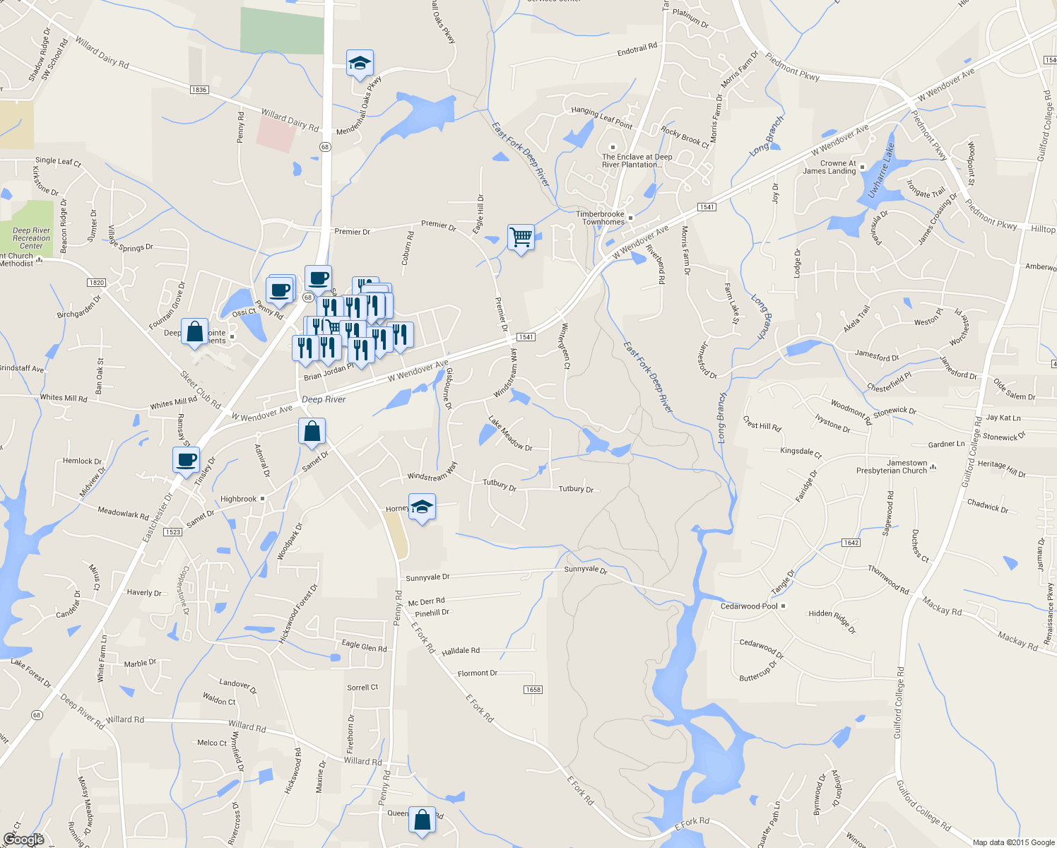 map of restaurants, bars, coffee shops, grocery stores, and more near 3440 Silverlake Court in Jamestown