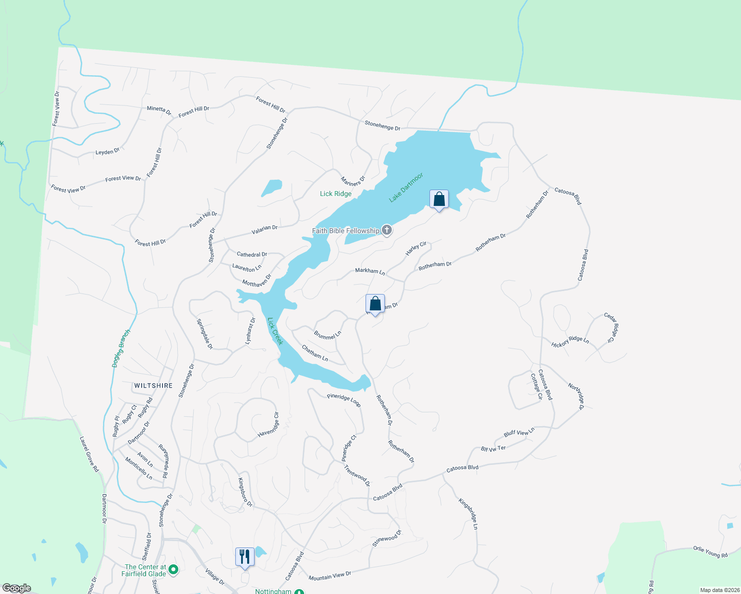 map of restaurants, bars, coffee shops, grocery stores, and more near 43 Bingham Lane in Crossville