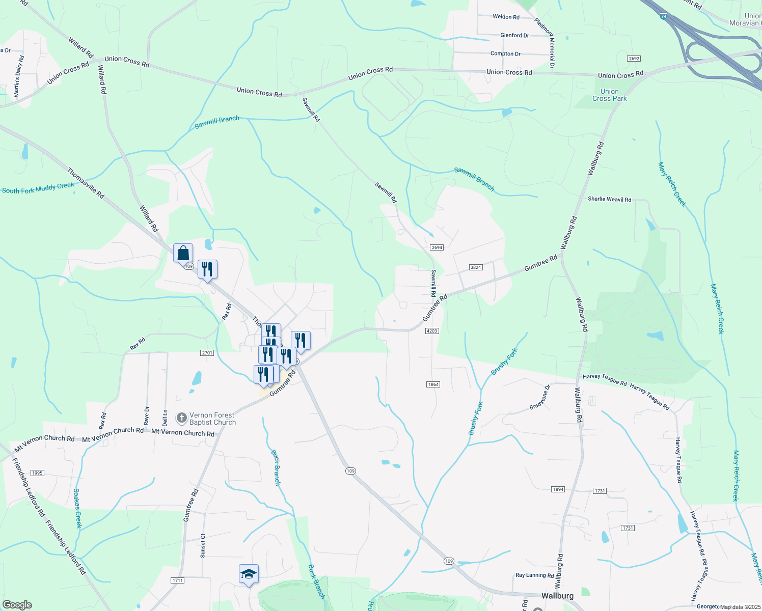 map of restaurants, bars, coffee shops, grocery stores, and more near 4210 Dalarna Place in Winston-Salem