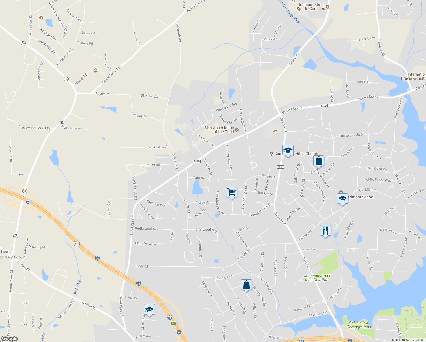 map of restaurants, bars, coffee shops, grocery stores, and more near 4125 Saint Johns Street in High Point