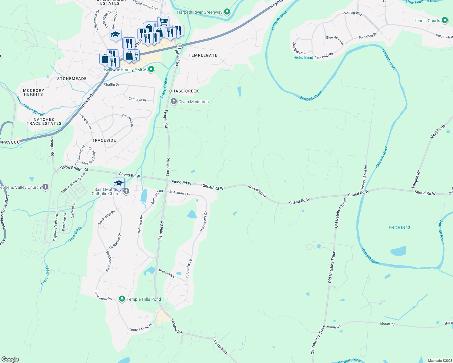 map of restaurants, bars, coffee shops, grocery stores, and more near 714 Sneed Road West in Franklin