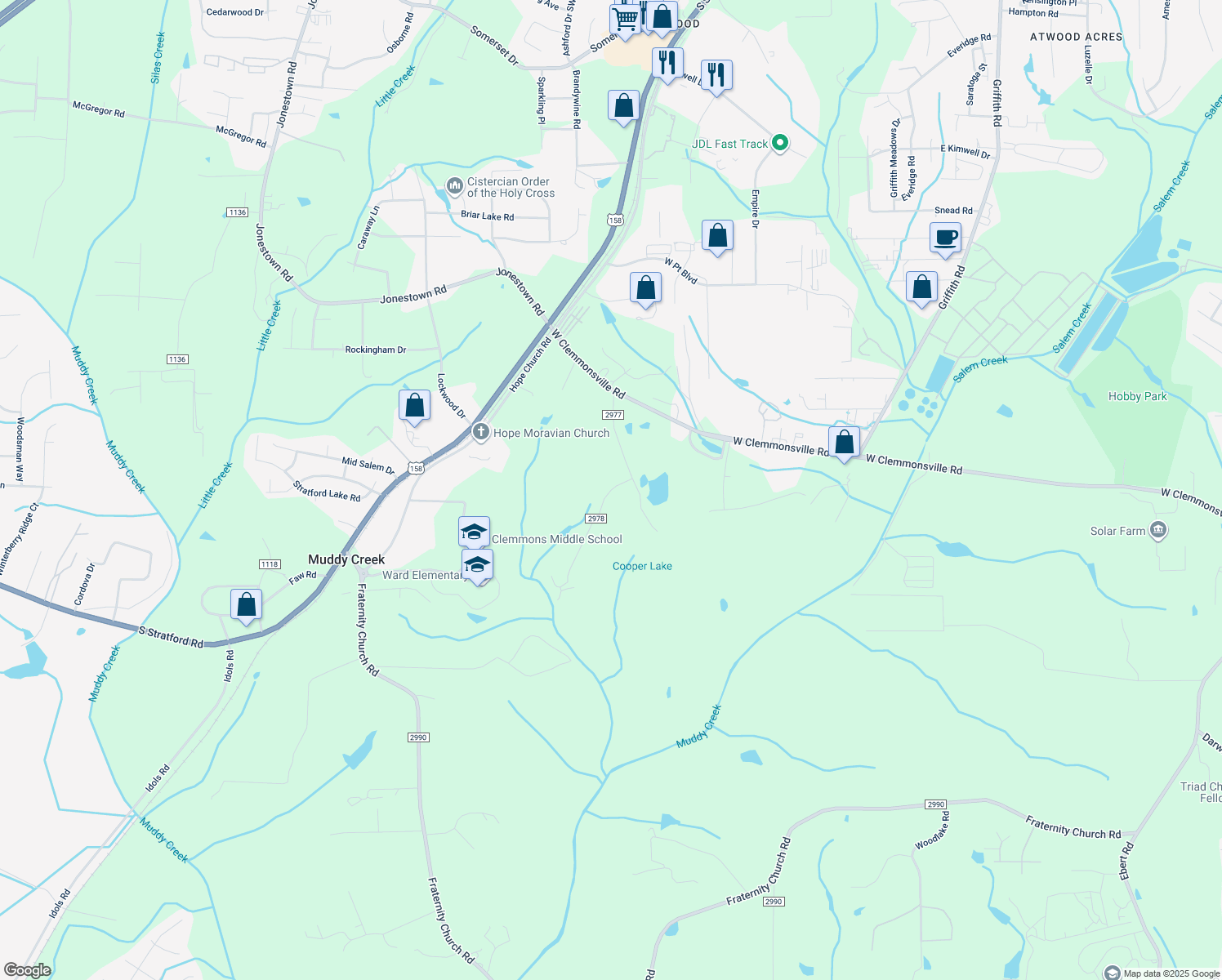 map of restaurants, bars, coffee shops, grocery stores, and more near Woodard Road in Winston-Salem