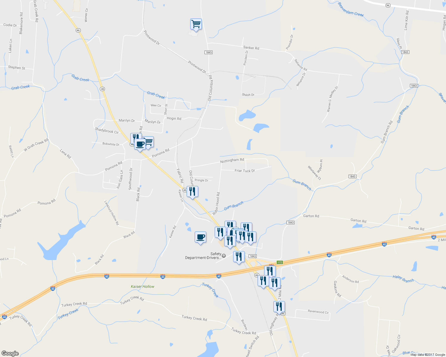 map of restaurants, bars, coffee shops, grocery stores, and more near 128 Robin Hood Rd in Dickson