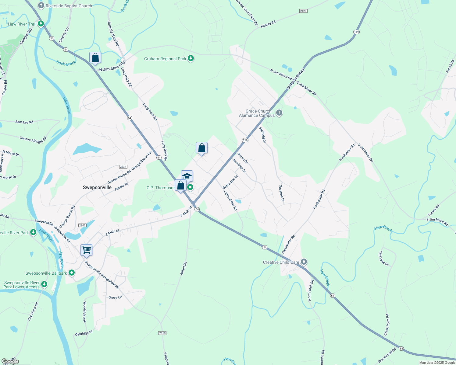 map of restaurants, bars, coffee shops, grocery stores, and more near 2838 Barksdale Dr in Haw River