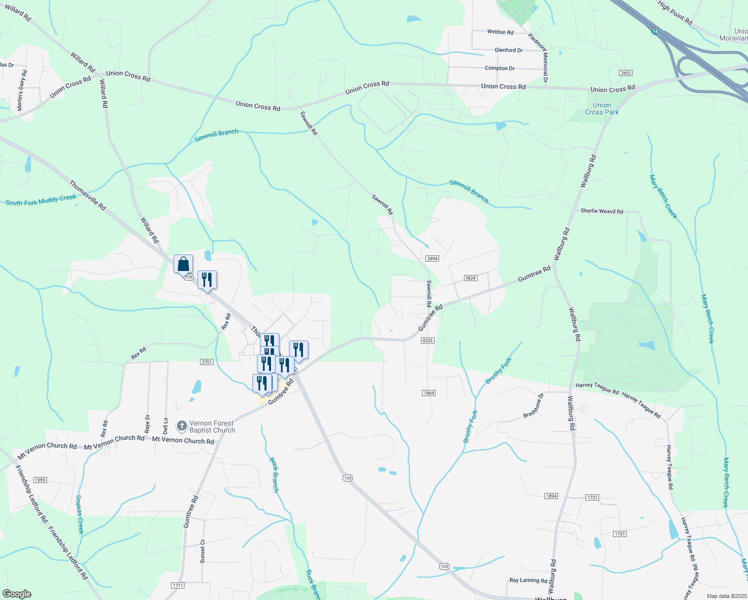 map of restaurants, bars, coffee shops, grocery stores, and more near 4192 Diercrest Drive in Winston-Salem