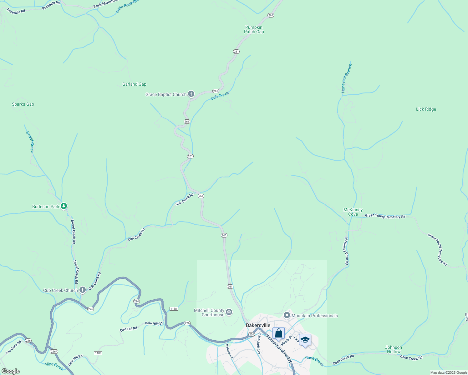 map of restaurants, bars, coffee shops, grocery stores, and more near 267 Upper Cub Creek Road in Bakersville