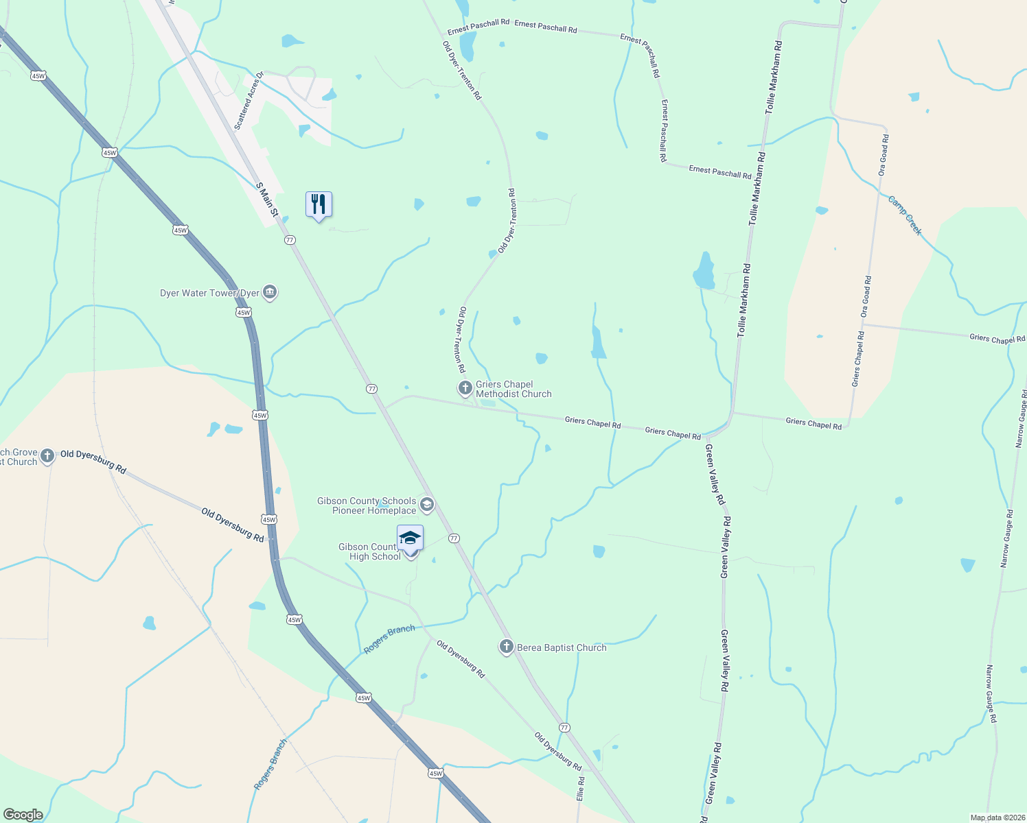 map of restaurants, bars, coffee shops, grocery stores, and more near 51 Griers Chapel Rd in Dyer