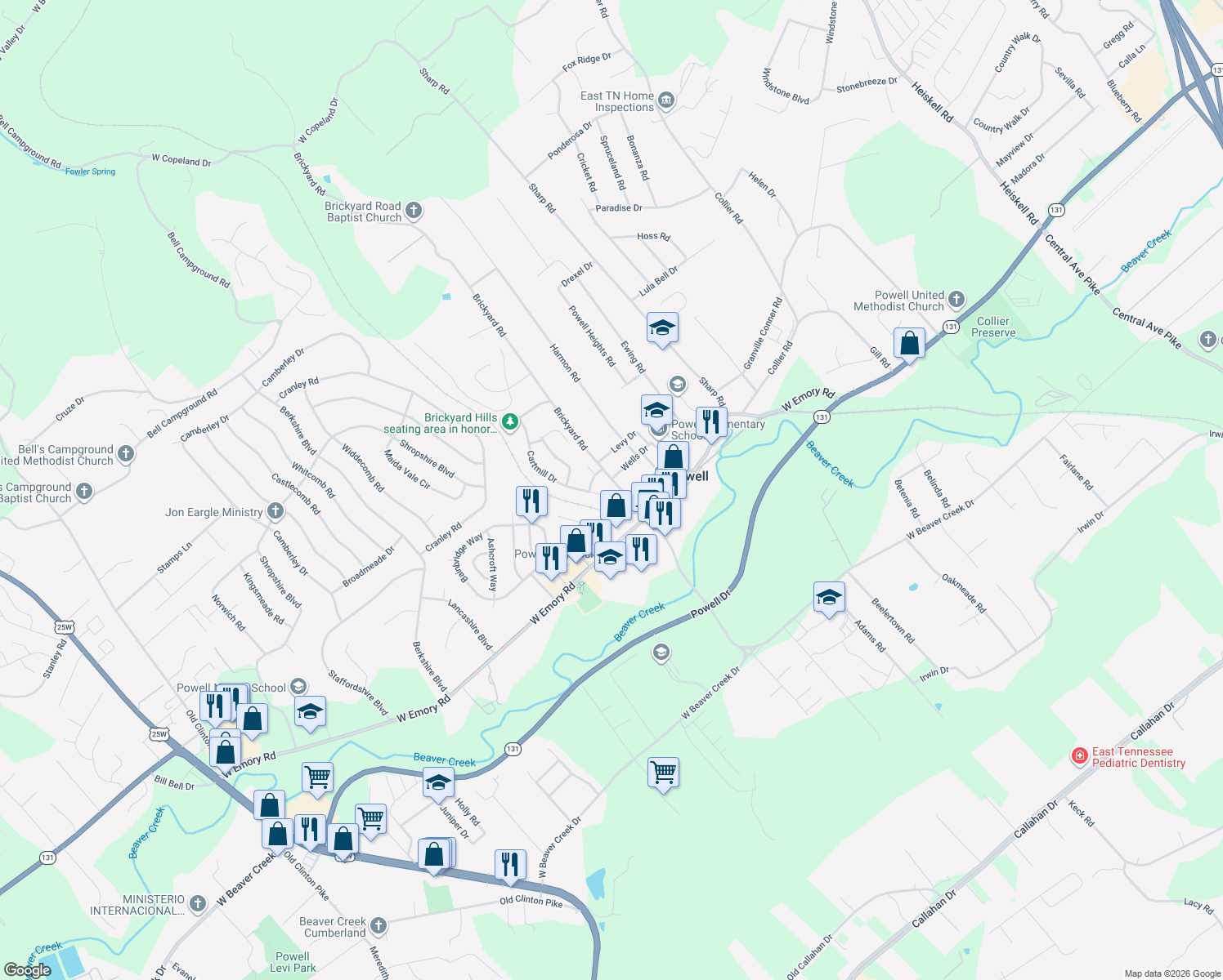 map of restaurants, bars, coffee shops, grocery stores, and more near 7707 Brickyard Road in Powell