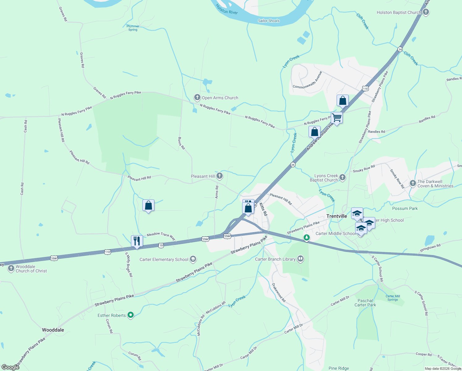 map of restaurants, bars, coffee shops, grocery stores, and more near 8817 Pleasant Hill Road in Knoxville