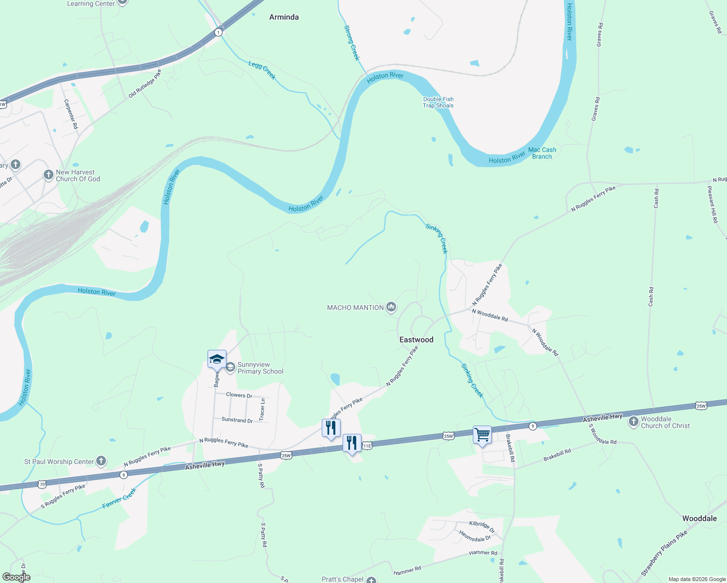 map of restaurants, bars, coffee shops, grocery stores, and more near 7406 Mountie Lane in Knoxville