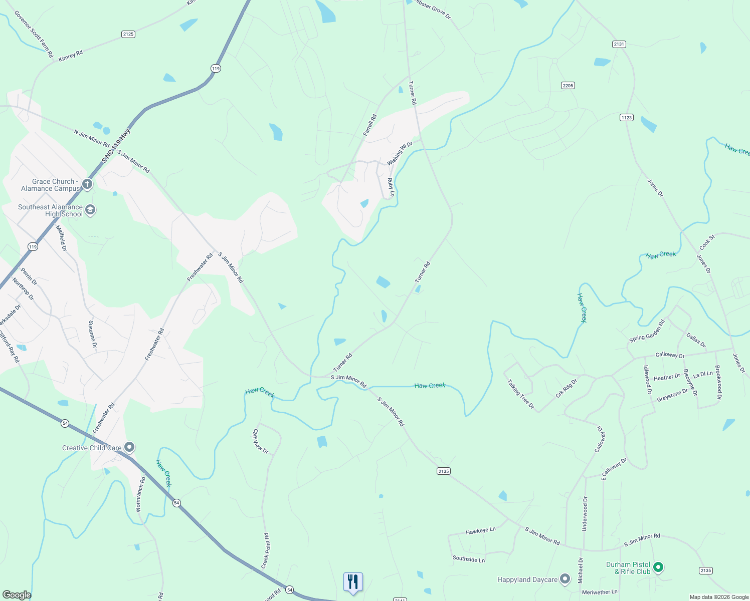 map of restaurants, bars, coffee shops, grocery stores, and more near 2627 White Pine Dr in Mebane