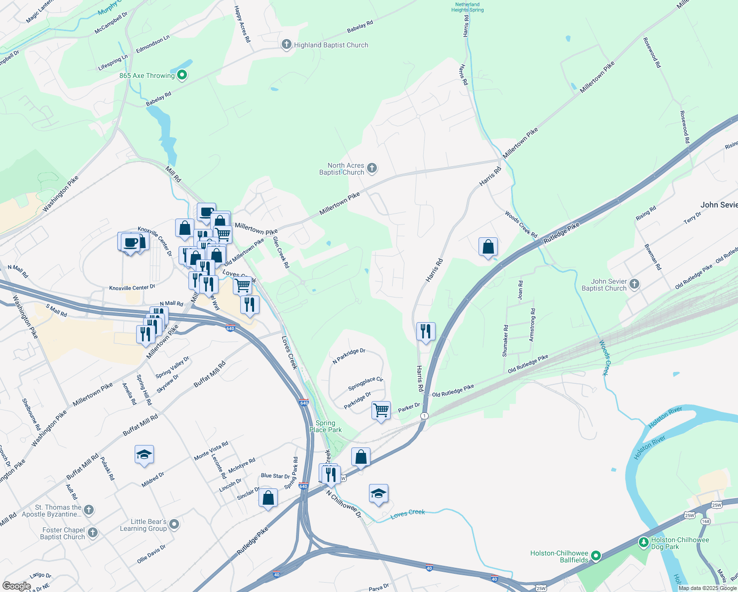 map of restaurants, bars, coffee shops, grocery stores, and more near 2001 Mosaic Ln in Knoxville