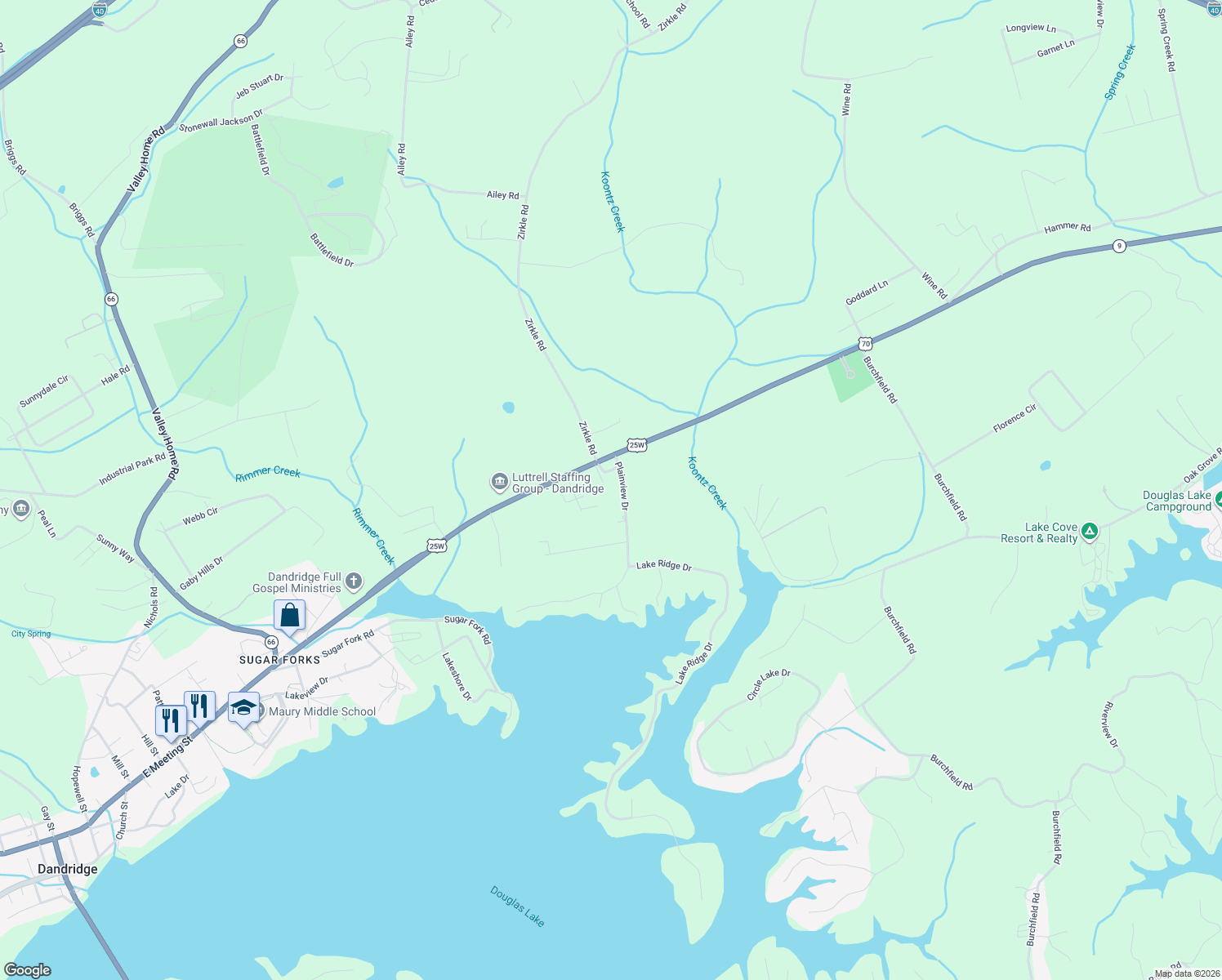 map of restaurants, bars, coffee shops, grocery stores, and more near 721 Plainview Drive in Dandridge