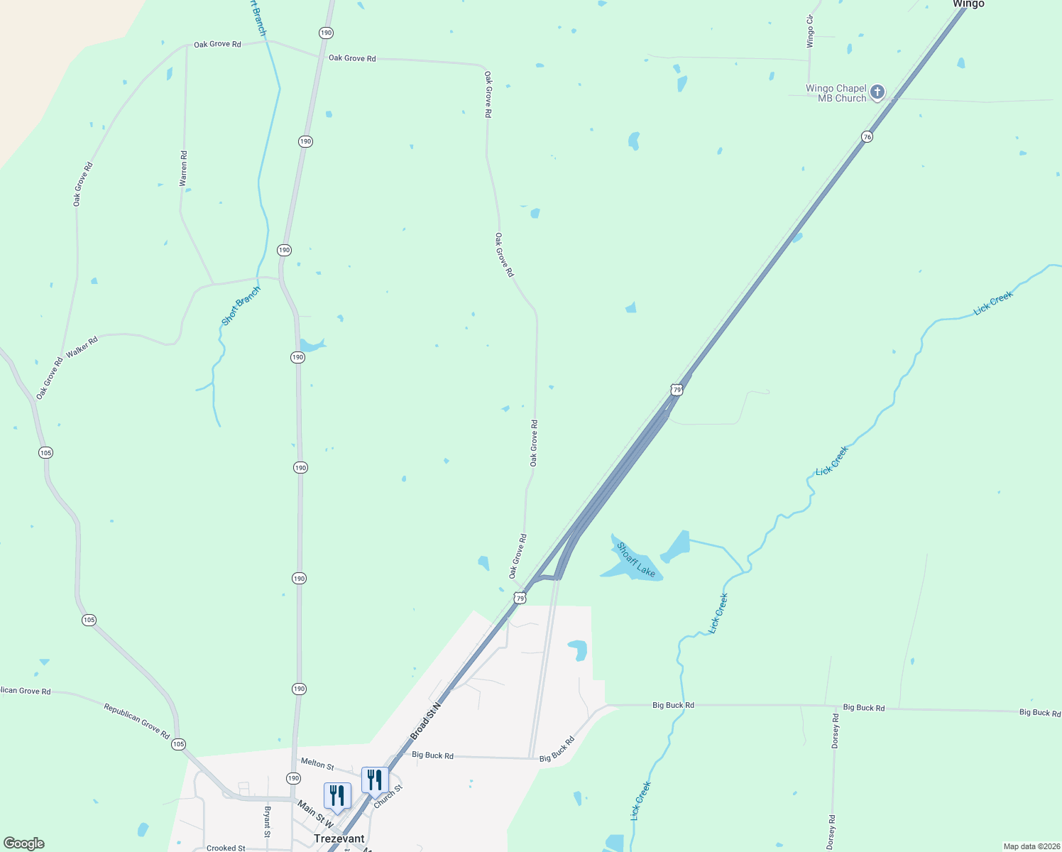 map of restaurants, bars, coffee shops, grocery stores, and more near 585 Oak Grove Rd in Trezevant