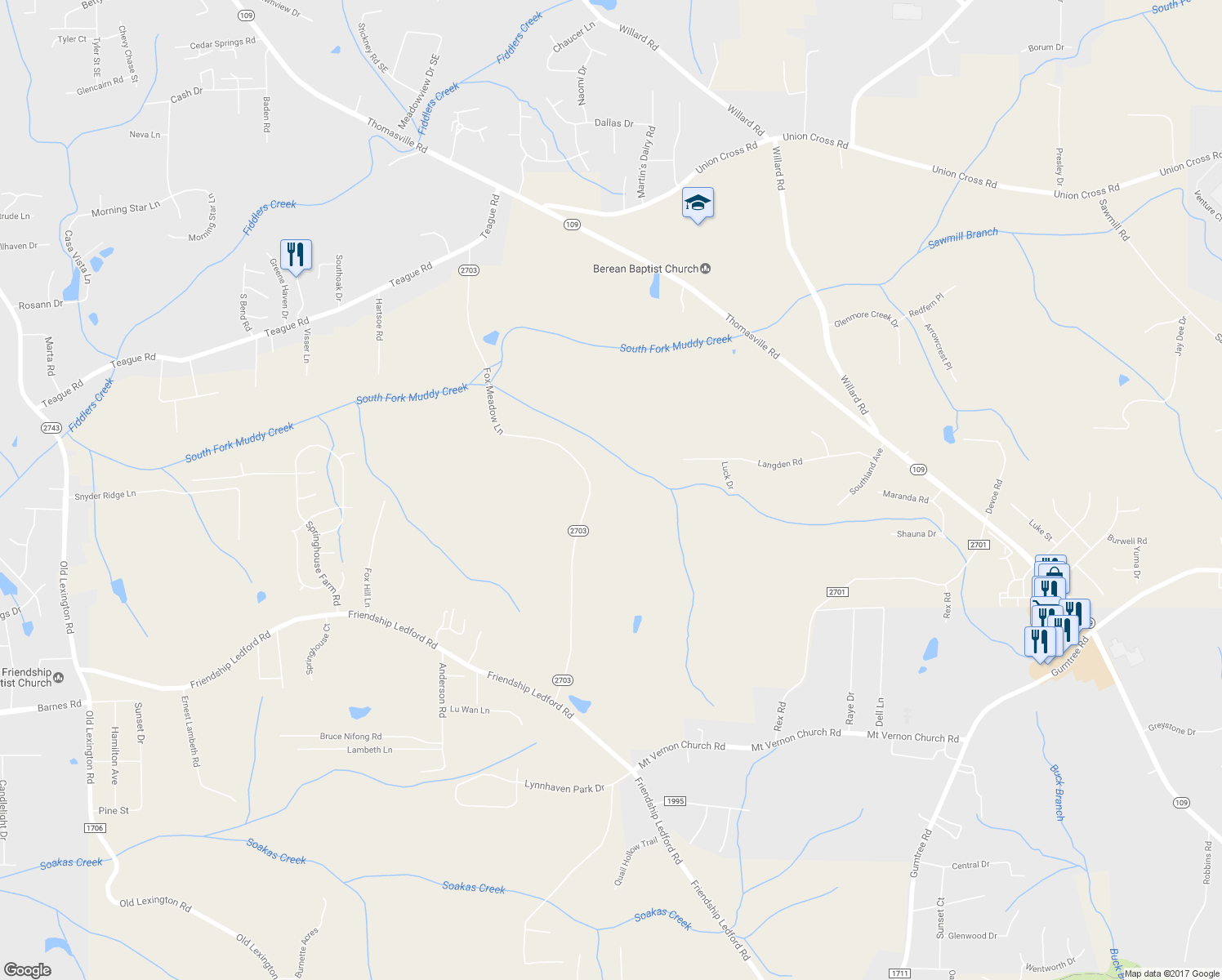 map of restaurants, bars, coffee shops, grocery stores, and more near 4315 Fox Meadow Lane in Winston-Salem