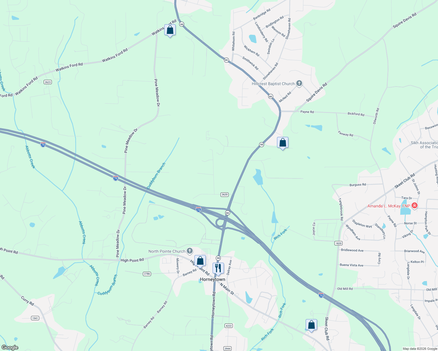 map of restaurants, bars, coffee shops, grocery stores, and more near 9765 Woodruff Rd in Kernersville