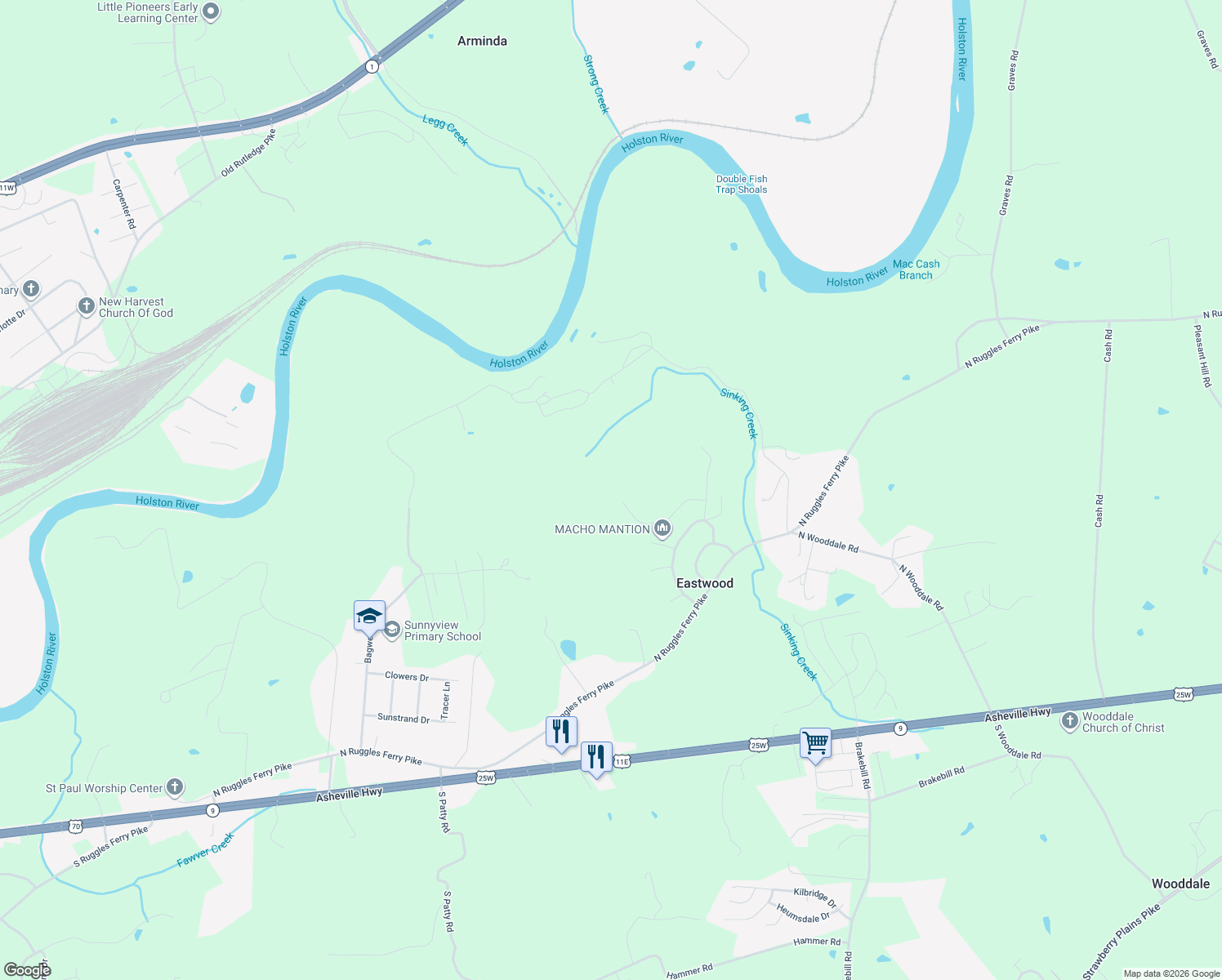 map of restaurants, bars, coffee shops, grocery stores, and more near 7406 Mountie Lane in Knoxville