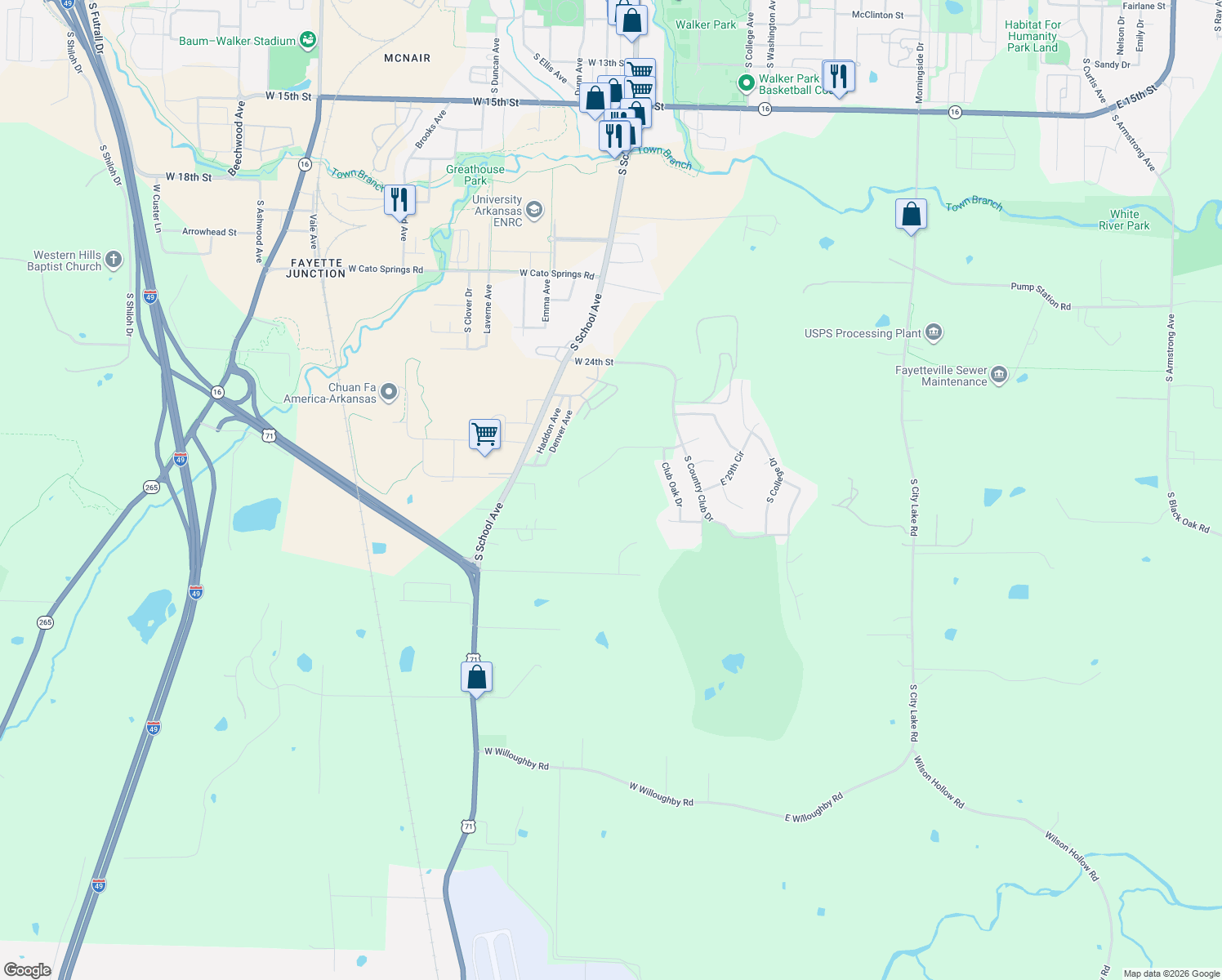 map of restaurants, bars, coffee shops, grocery stores, and more near 460 West Ravenswood Lane in Fayetteville