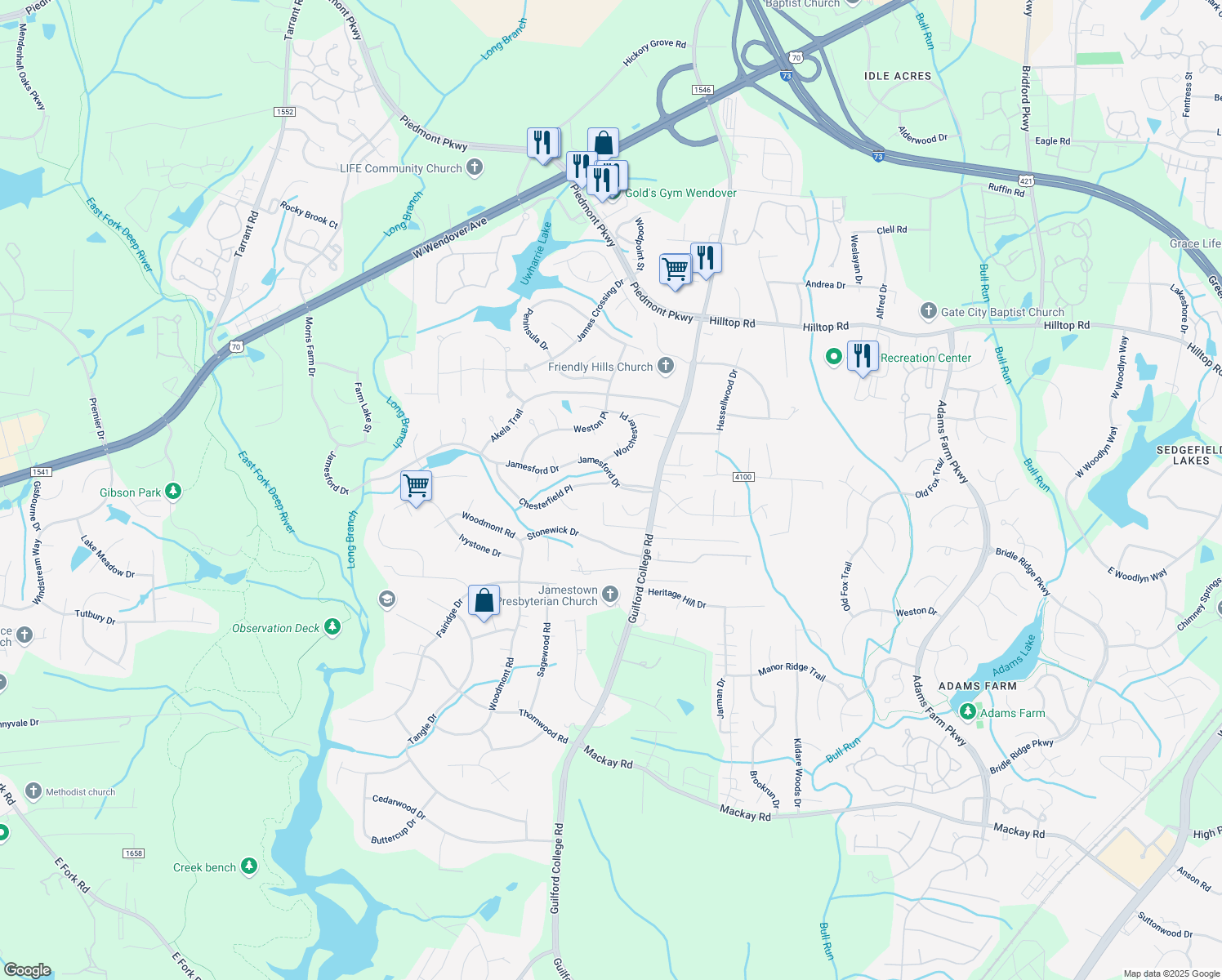 map of restaurants, bars, coffee shops, grocery stores, and more near 4722 Chesterfield Place in Jamestown