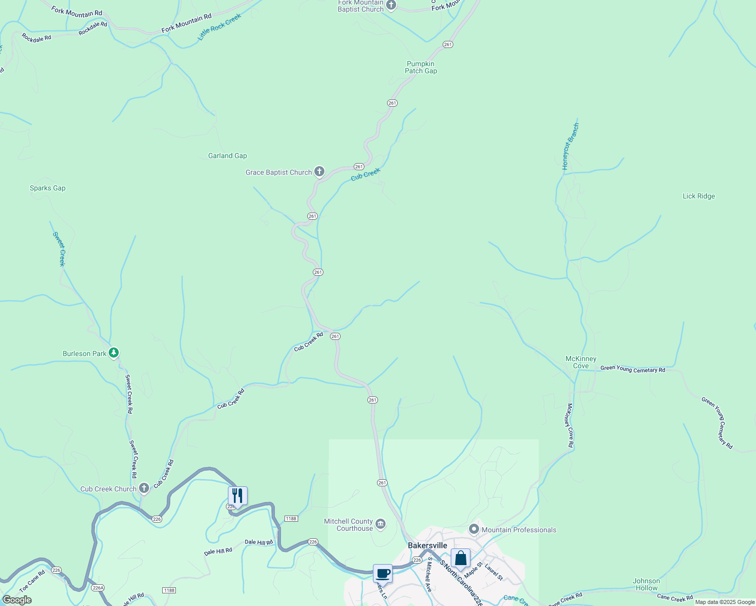 map of restaurants, bars, coffee shops, grocery stores, and more near 267 Upper Cub Creek Road in Bakersville