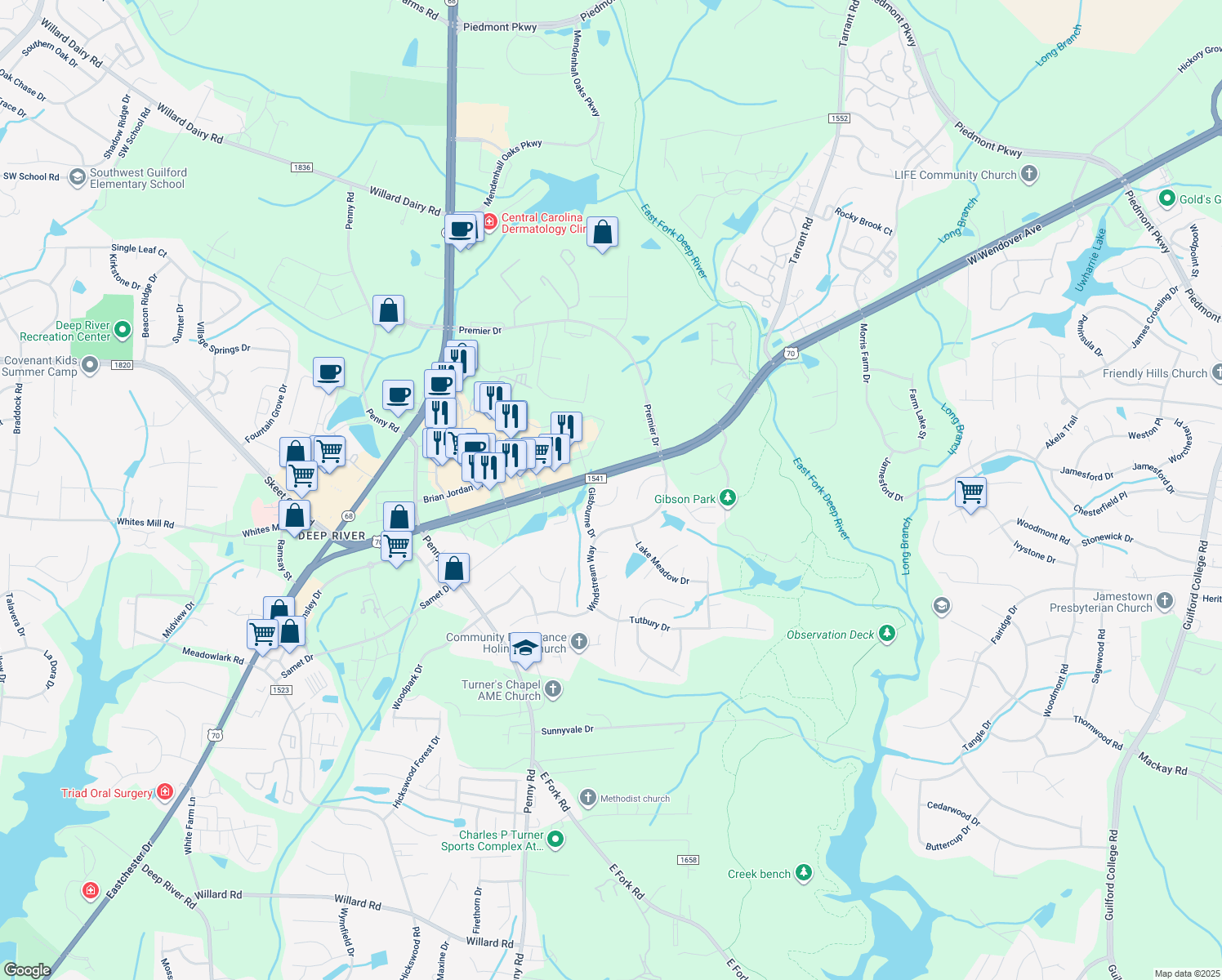 map of restaurants, bars, coffee shops, grocery stores, and more near 4015 Maid Marion Court in Jamestown