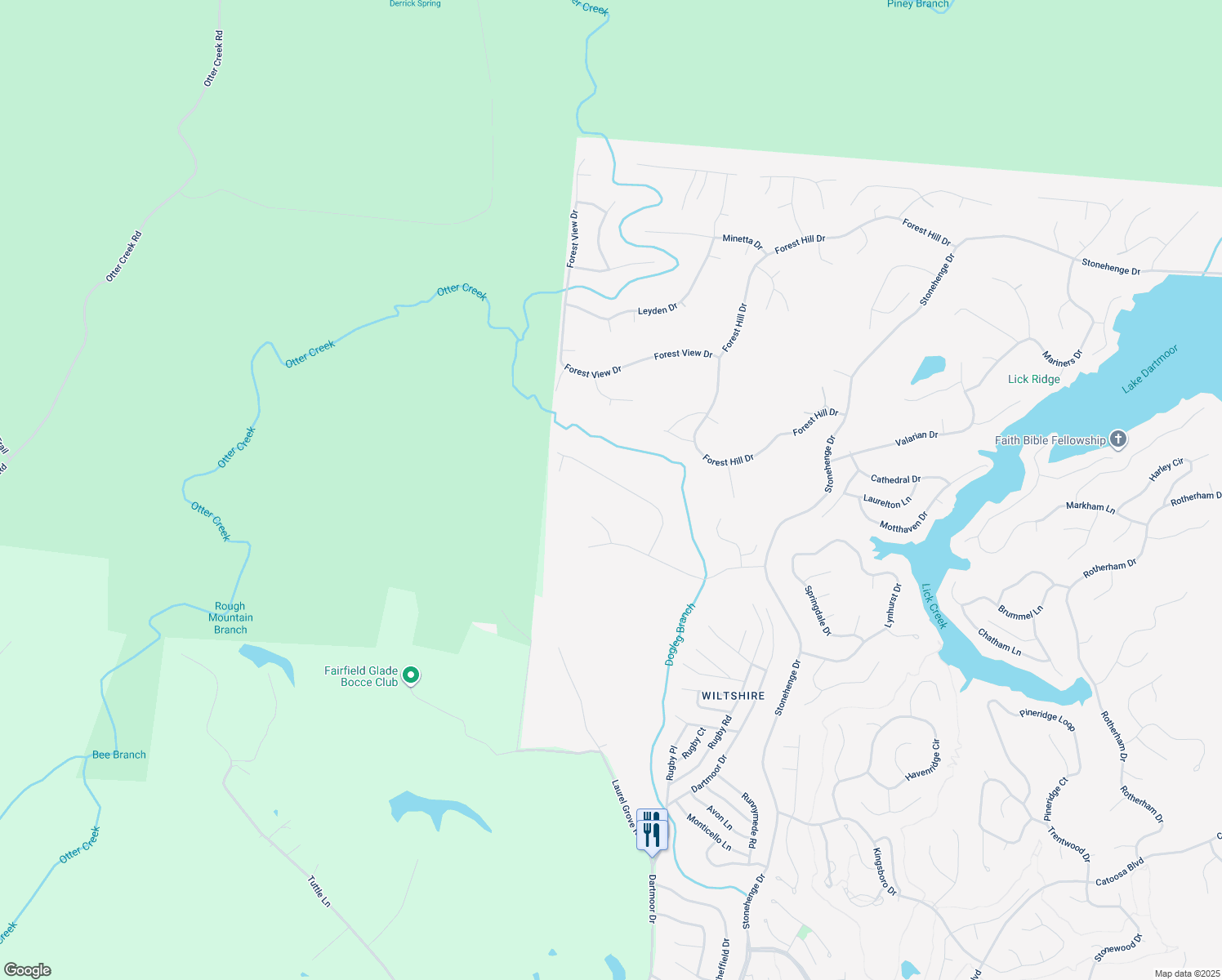 map of restaurants, bars, coffee shops, grocery stores, and more near 115 Hanning Drive in Crossville