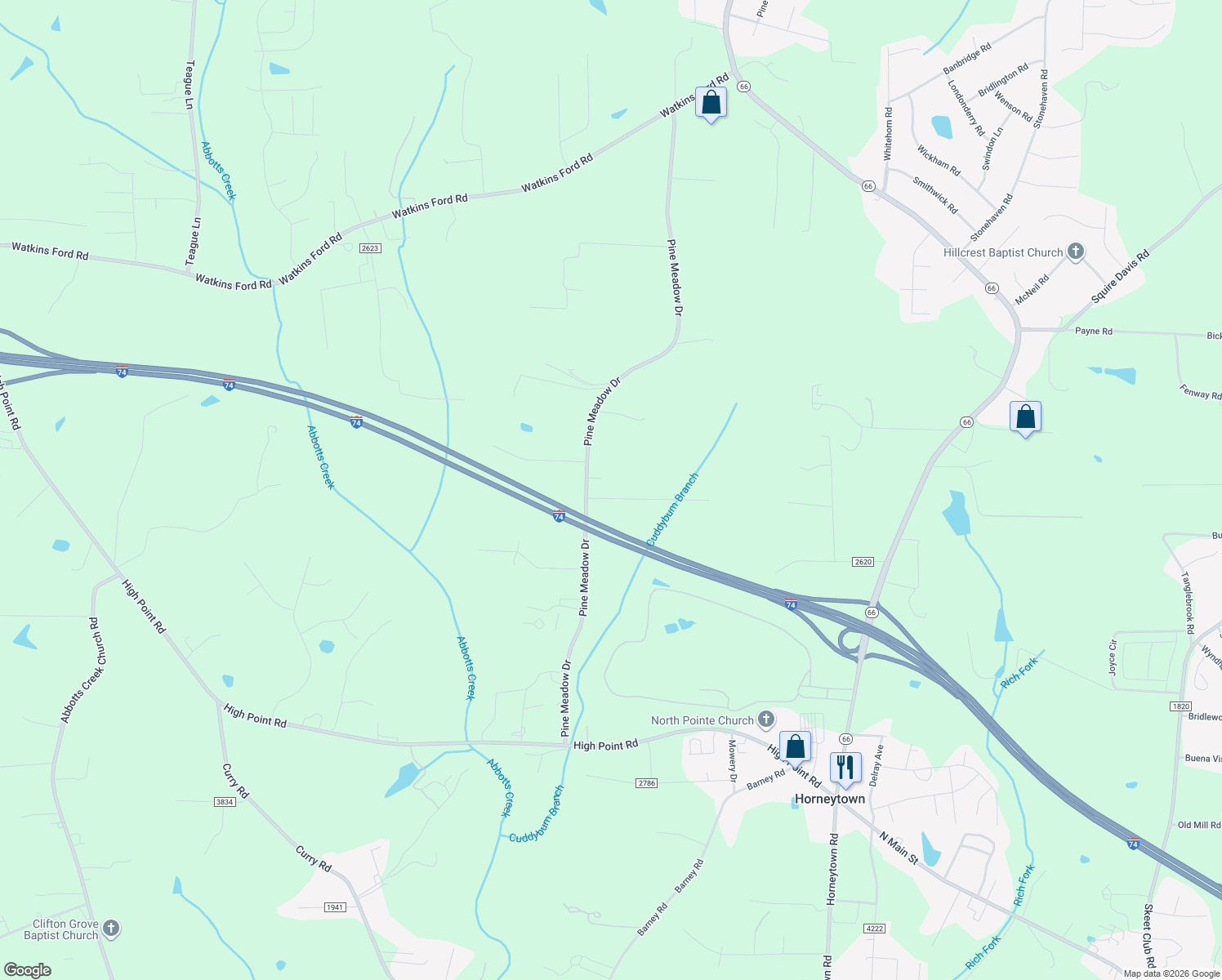 map of restaurants, bars, coffee shops, grocery stores, and more near 2490 Motsinger Farm Ln in Kernersville