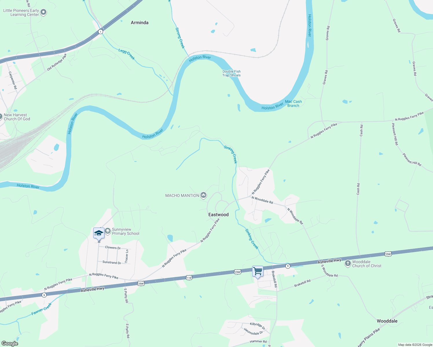 map of restaurants, bars, coffee shops, grocery stores, and more near 423 Ranger Lane in Knoxville