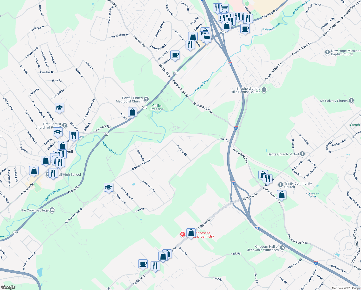 map of restaurants, bars, coffee shops, grocery stores, and more near 7216 Fairlane Road in Powell