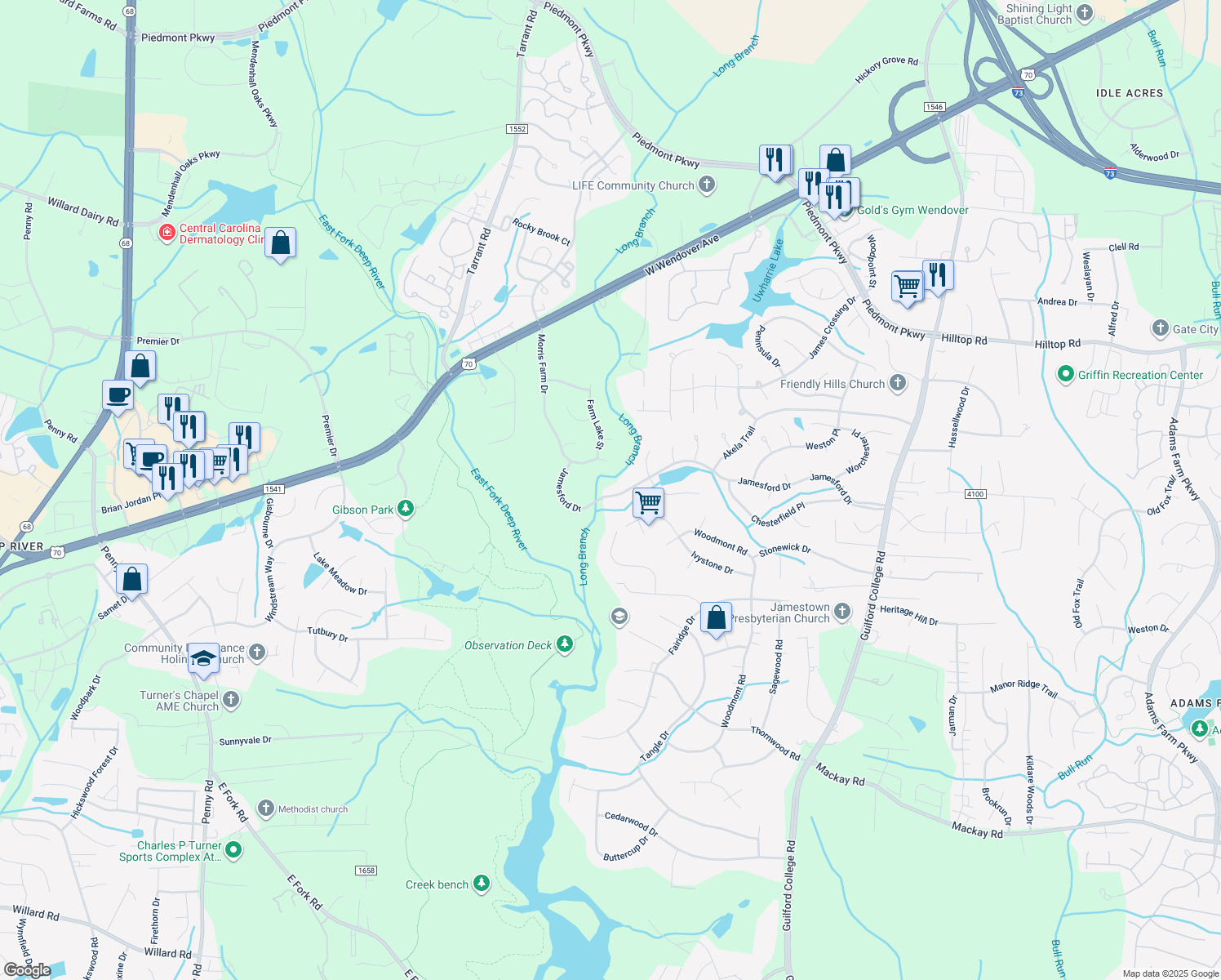 map of restaurants, bars, coffee shops, grocery stores, and more near 4515 Jamesford Drive in Jamestown