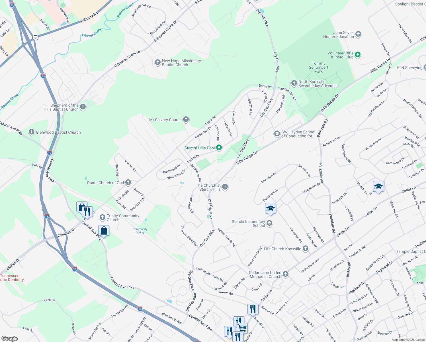 map of restaurants, bars, coffee shops, grocery stores, and more near 6607 Tiburon Way in Knoxville