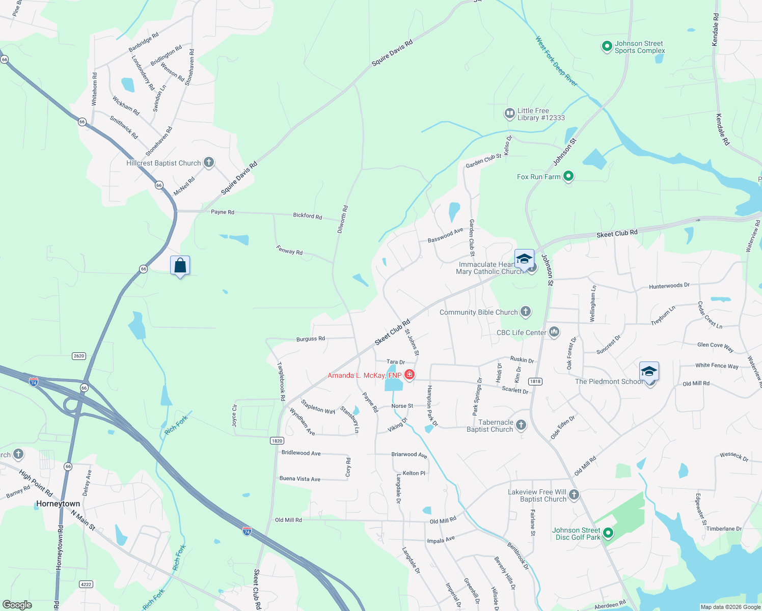 map of restaurants, bars, coffee shops, grocery stores, and more near 1 Indian Drive in High Point